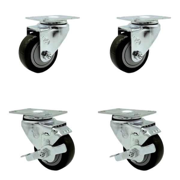 3.5 Inch Black Polyurethane Wheel Swivel Top Plate Caster Set with 2 Brakes SCC